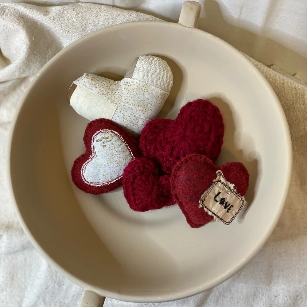 Valentine hearts  curated set bowl filler handmade hearts from fabric and yarn